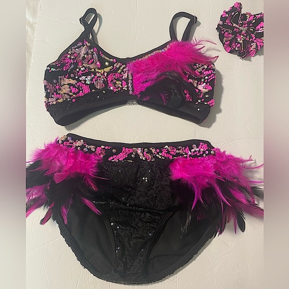 Glamour solo dance costume pink black Feather embellished leotard 2 piece XLC - Picture 1 of 11